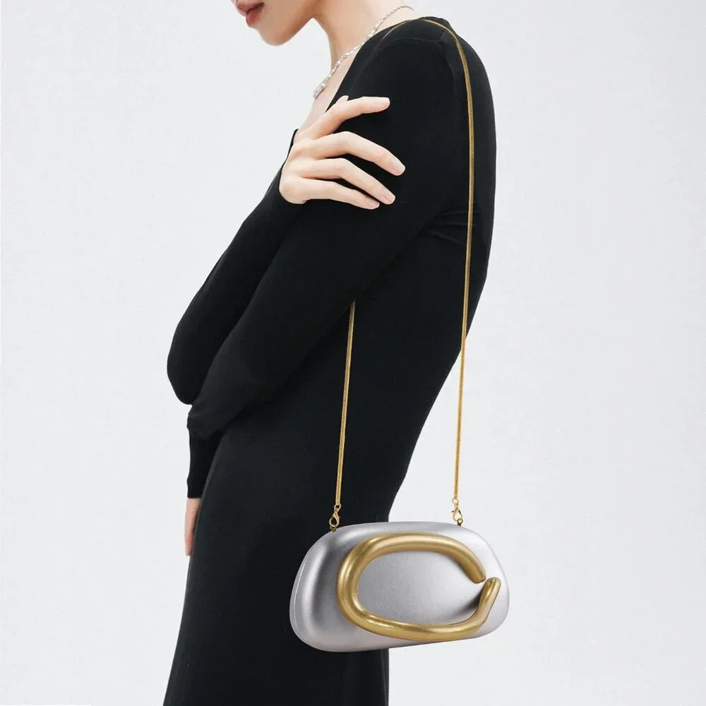 Women's Silver Leather Trendy Formal Evening Clutch Shoulder Strap Handle Bags